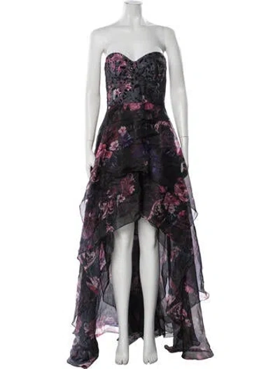 Pre-owned Marchesa Notte Floral Print Long Dress In Black