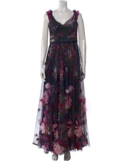 Pre-owned Marchesa Notte Floral Print Long Dress In Black
