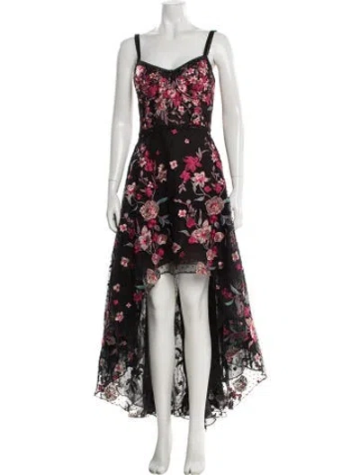Pre-owned Marchesa Notte Floral Print Long Dress In Black