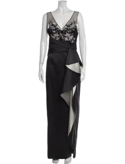 Pre-owned Marchesa Notte Floral Print Long Dress In Black