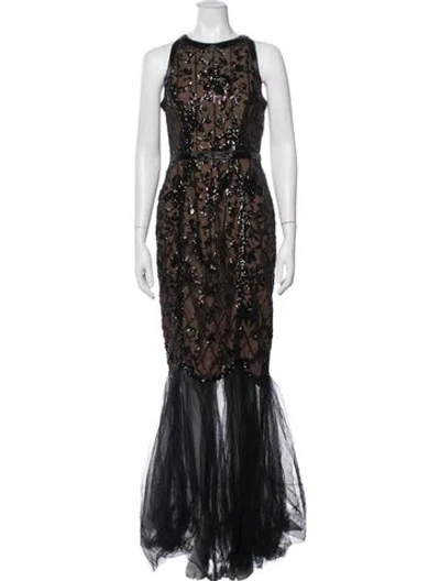 Pre-owned Marchesa Notte Floral Print Long Dress In Black