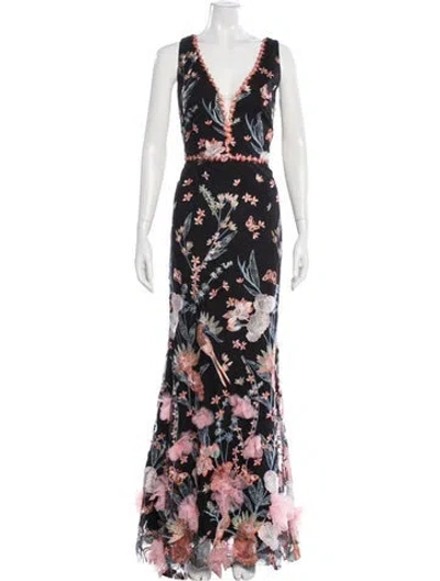 Pre-owned Marchesa Notte Floral Print Long Dress In Black