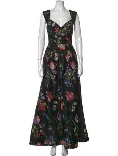 Pre-owned Marchesa Notte Floral Print Long Dress In Black