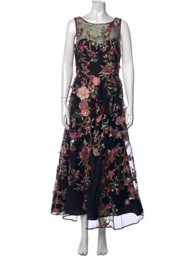 Pre-owned Marchesa Notte Floral Print Long Dress In Black