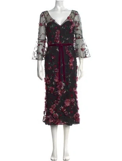 Pre-owned Marchesa Notte Floral Print Long Dress In Black