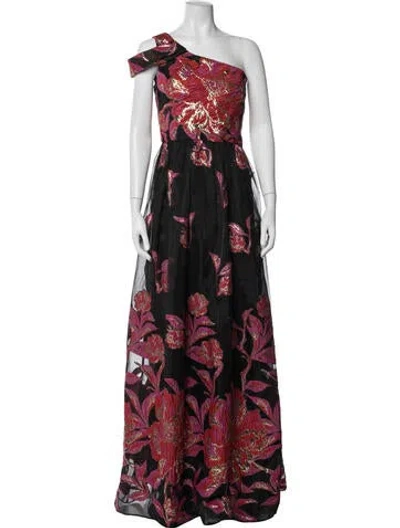 Pre-owned Marchesa Notte Floral Print Long Dress In Black