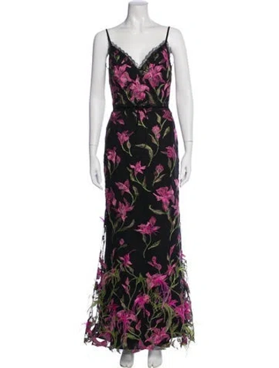 Pre-owned Marchesa Notte Floral Print Long Dress In Black
