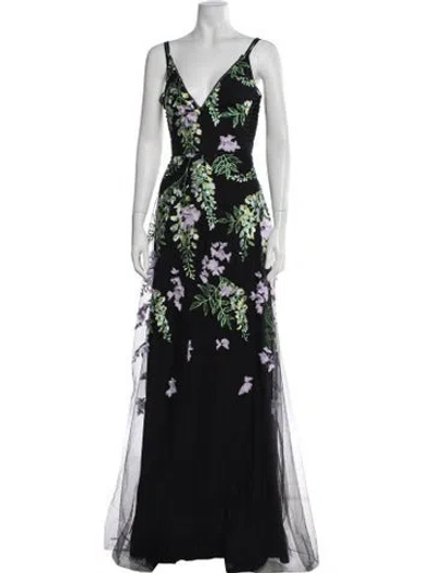 Pre-owned Marchesa Notte Floral Print Long Dress In Black