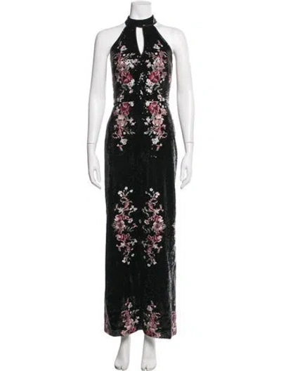 Pre-owned Marchesa Notte Floral Print Long Dress In Black