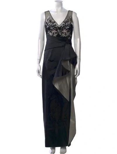 Pre-owned Marchesa Notte Floral Print Long Dress In Black