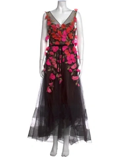Pre-owned Marchesa Notte Floral Print Long Dress In Black