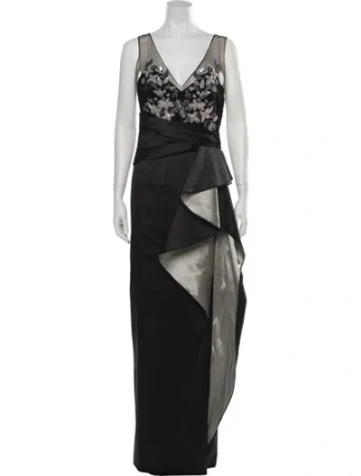 Pre-owned Marchesa Notte Floral Print Long Dress In Black