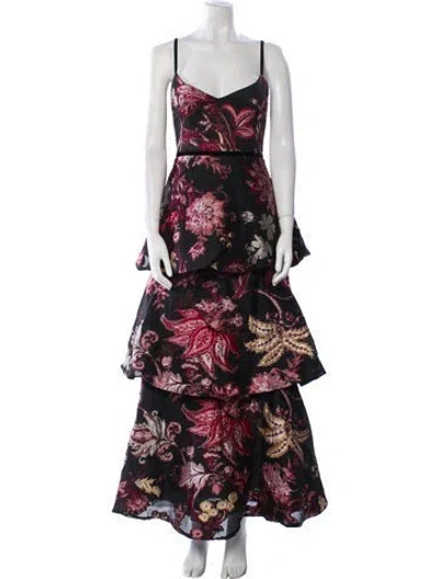 Pre-owned Marchesa Notte Floral Print Long Dress In Black