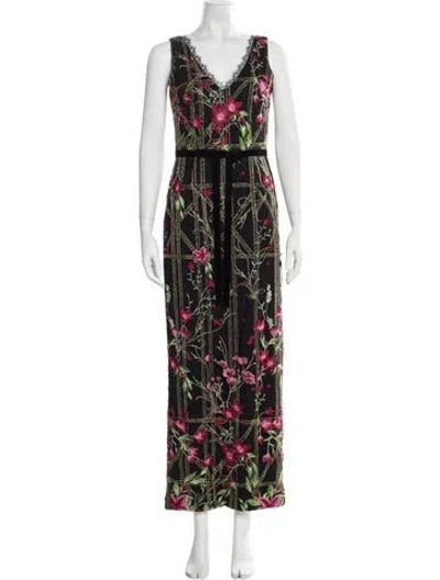 Pre-owned Marchesa Notte Floral Print Long Dress In Black