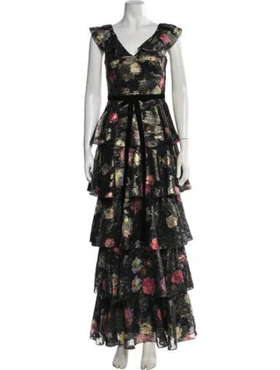 Pre-owned Marchesa Notte Floral Print Long Dress In Black
