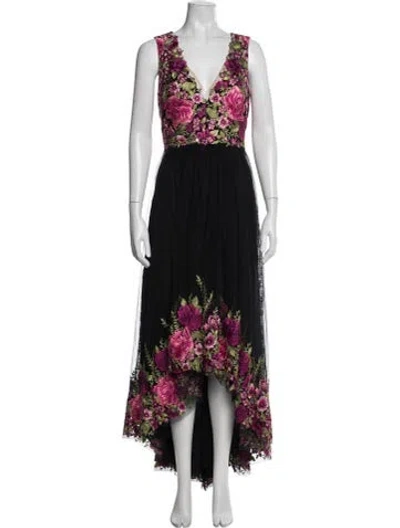Pre-owned Marchesa Notte Floral Print Long Dress In Black