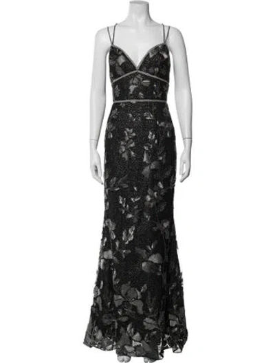 Pre-owned Marchesa Notte Floral Print Long Dress In Black