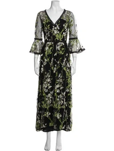 Pre-owned Marchesa Notte Floral Print Long Dress In Black