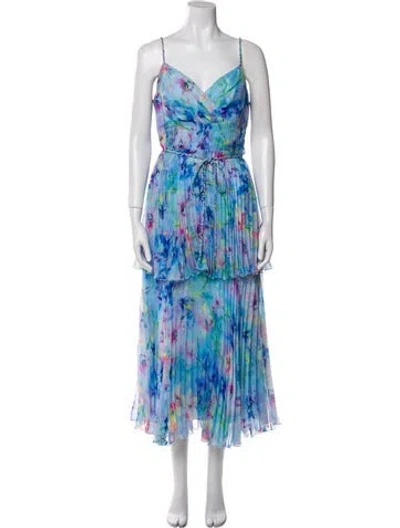 Pre-owned Marchesa Notte Floral Print Long Dress In Blue
