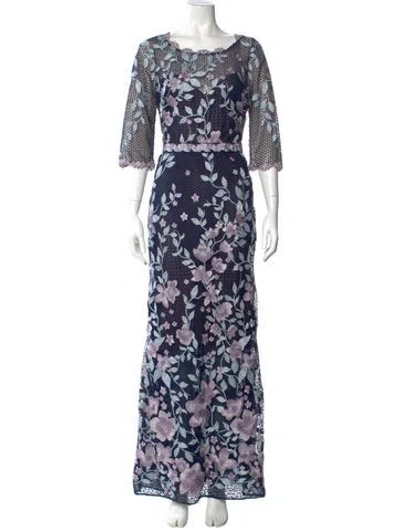 Pre-owned Marchesa Notte Floral Print Long Dress In Blue