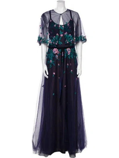 Pre-owned Marchesa Notte Floral Print Long Dress In Blue