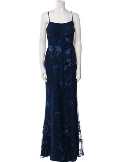 Pre-owned Marchesa Notte Floral Print Long Dress In Blue