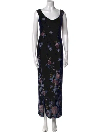 Pre-owned Marchesa Notte Floral Print Long Dress In Blue