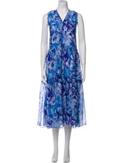 Pre-owned Marchesa Notte Floral Print Long Dress In Blue