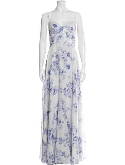 Pre-owned Marchesa Notte Floral Print Long Dress In Blue