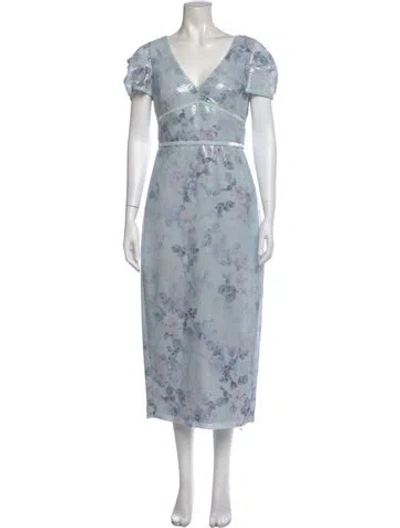 Pre-owned Marchesa Notte Floral Print Long Dress In Blue