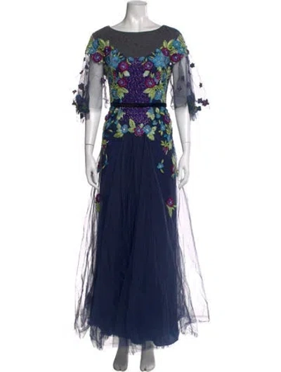Pre-owned Marchesa Notte Floral Print Long Dress In Blue