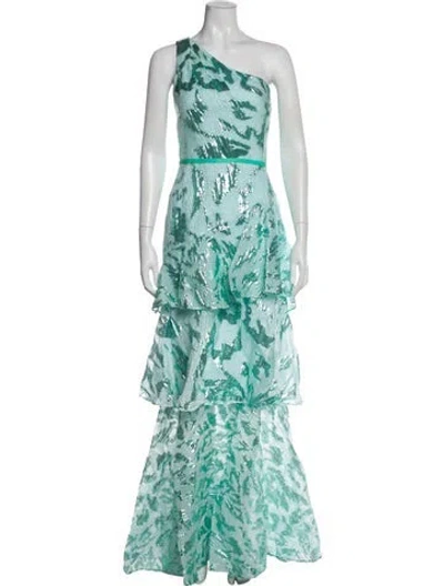 Pre-owned Marchesa Notte Floral Print Long Dress In Blue