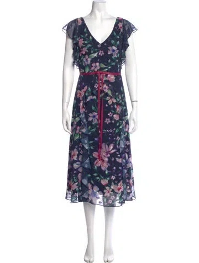 Pre-owned Marchesa Notte Floral Print Long Dress In Blue