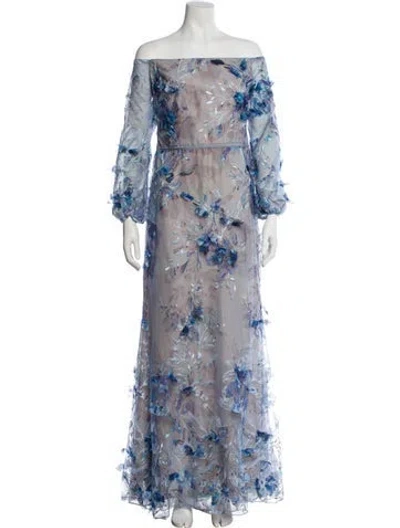 Pre-owned Marchesa Notte Floral Print Long Dress In Blue