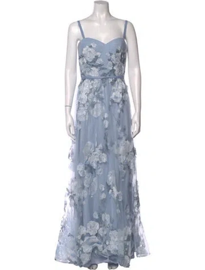 Pre-owned Marchesa Notte Floral Print Long Dress In Blue