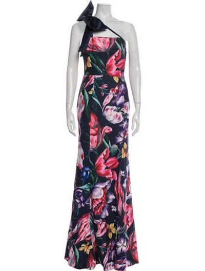 Pre-owned Marchesa Notte Floral Print Long Dress In Blue