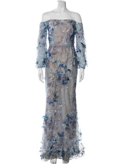 Pre-owned Marchesa Notte Floral Print Long Dress In Blue