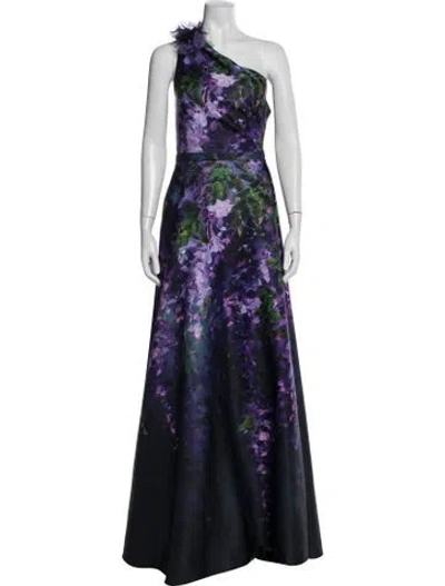 Pre-owned Marchesa Notte Floral Print Long Dress In Blue