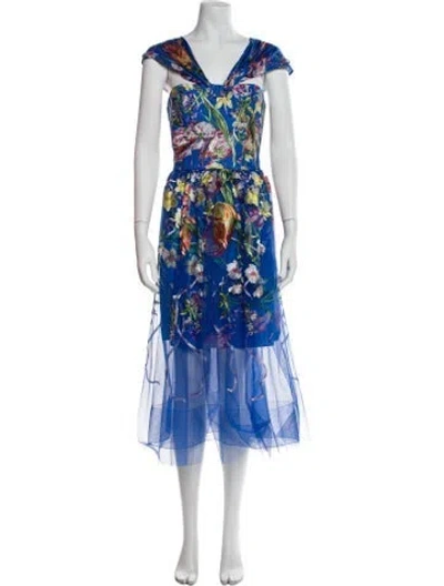 Pre-owned Marchesa Notte Floral Print Long Dress In Blue