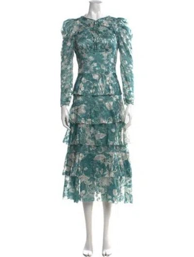 Pre-owned Marchesa Notte Floral Print Long Dress In Blue