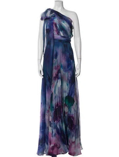 Pre-owned Marchesa Notte Floral Print Long Dress In Blue