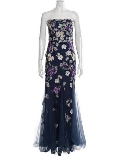 Pre-owned Marchesa Notte Floral Print Long Dress In Blue