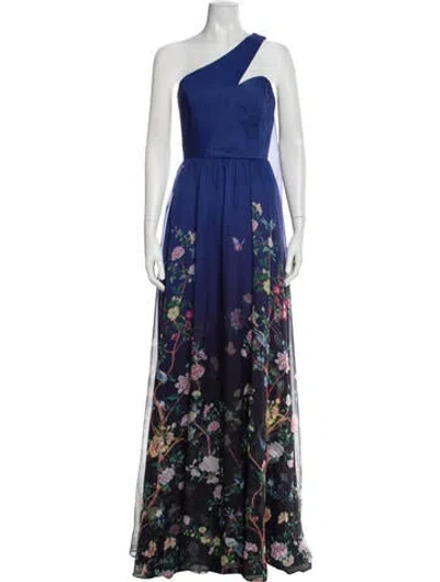 Pre-owned Marchesa Notte Floral Print Long Dress In Blue