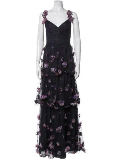 Pre-owned Marchesa Notte Floral Print Long Dress In Blue