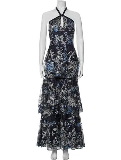 Pre-owned Marchesa Notte Floral Print Long Dress In Blue