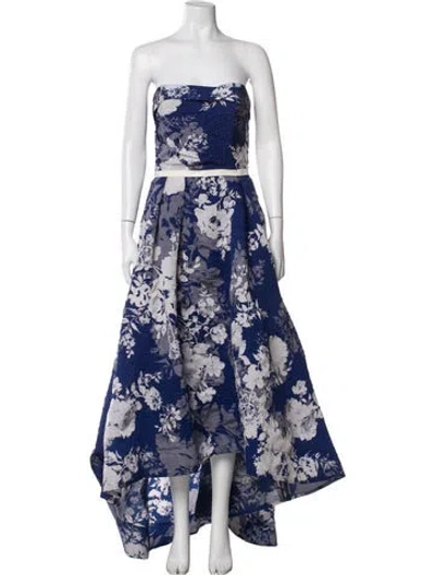 Pre-owned Marchesa Notte Floral Print Long Dress In Blue