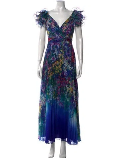 Pre-owned Marchesa Notte Floral Print Long Dress In Blue