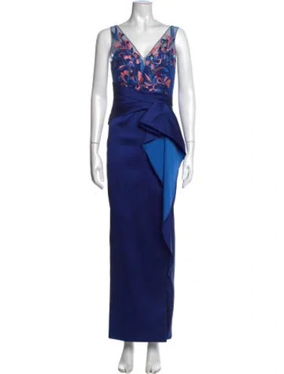 Pre-owned Marchesa Notte Floral Print Long Dress In Blue