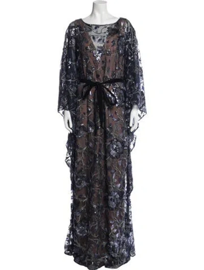 Pre-owned Marchesa Notte Floral Print Long Dress In Blue