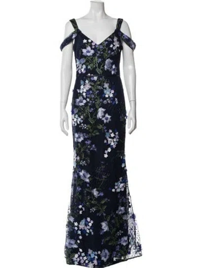 Pre-owned Marchesa Notte Floral Print Long Dress In Blue